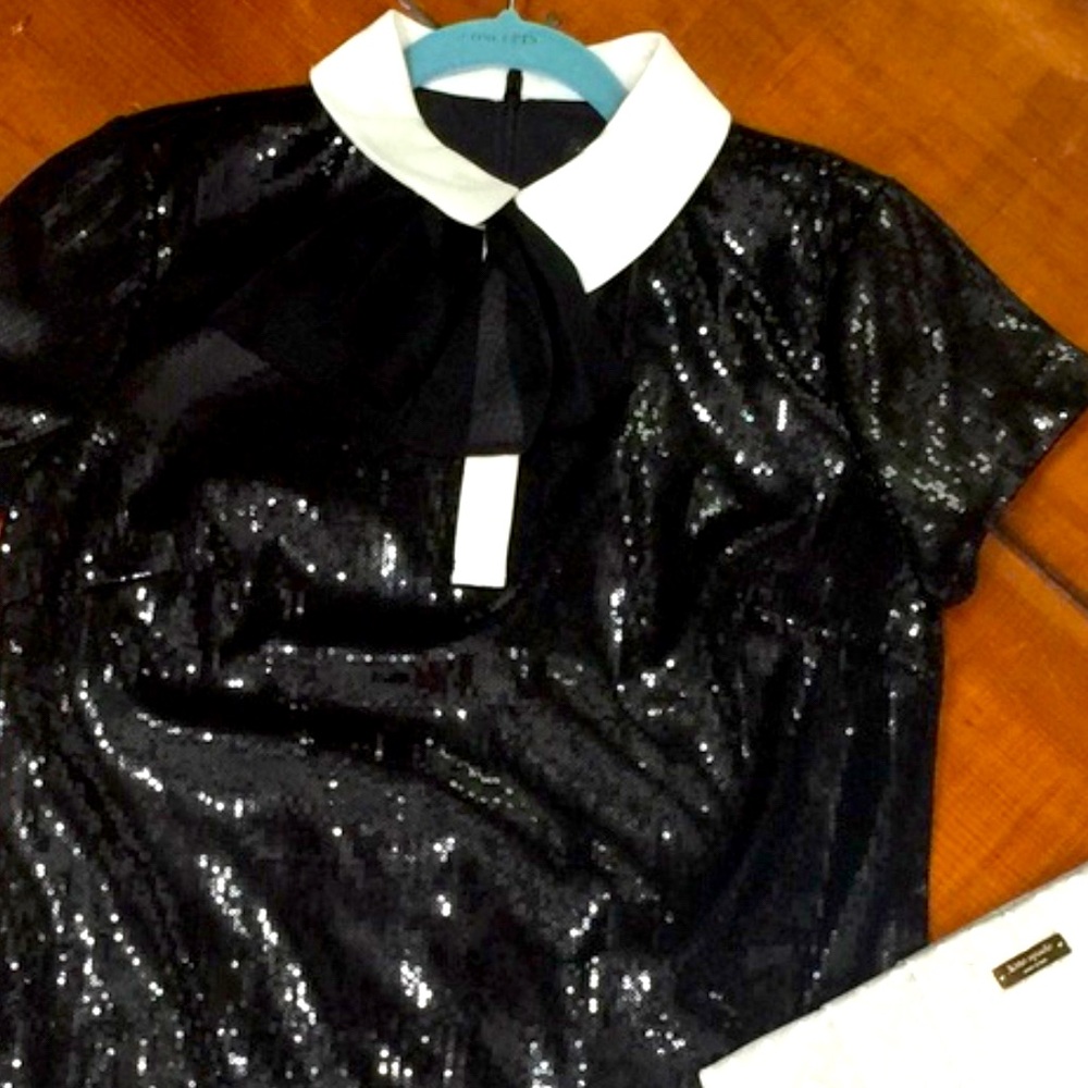 Anne Taylor Black Sequin Party Dress with White Collar
